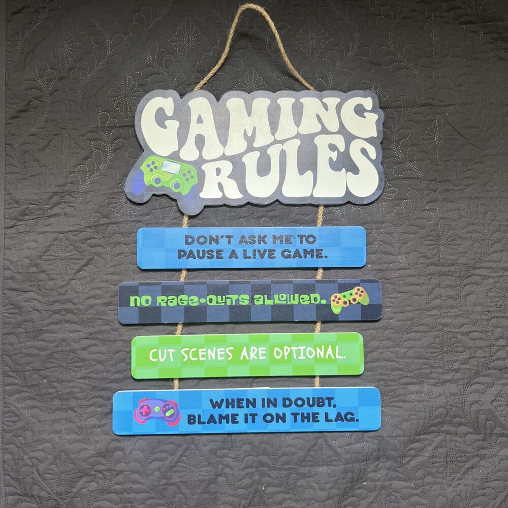 Gamer Rules Wall Hanging - Video Game Room Decor Sign 21"x 16” Gaming Gift Home